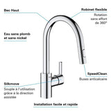 GROHE Robinet de cuisine évier Feel, douchette extractible, rotation 360°, bec en U, inverseur 2 jets, mitigeur cuisine 31486001