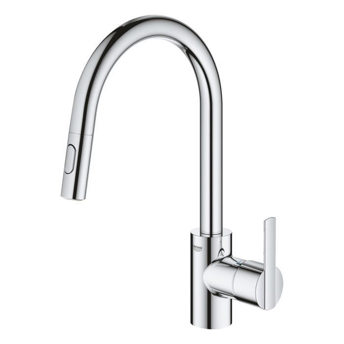GROHE Robinet de cuisine évier Feel, douchette extractible, rotation 360°, bec en U, inverseur 2 jets, mitigeur cuisine 31486001