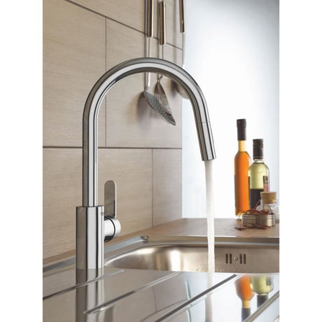 GROHE Robinet de cuisine évier Get, robinet avec douchette extractible, bec en forme de U, inverseur 2 jets, Supersteel, 31484001