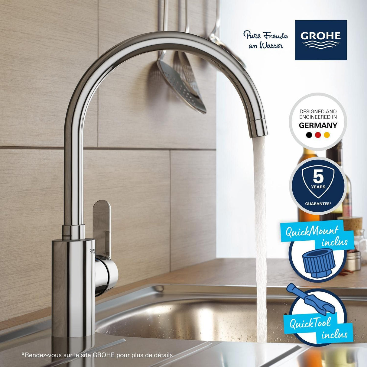 Mitigeur de cuisine - GROHE Get - Chromé - Bec en C - Bec Haut - Rotation 150°