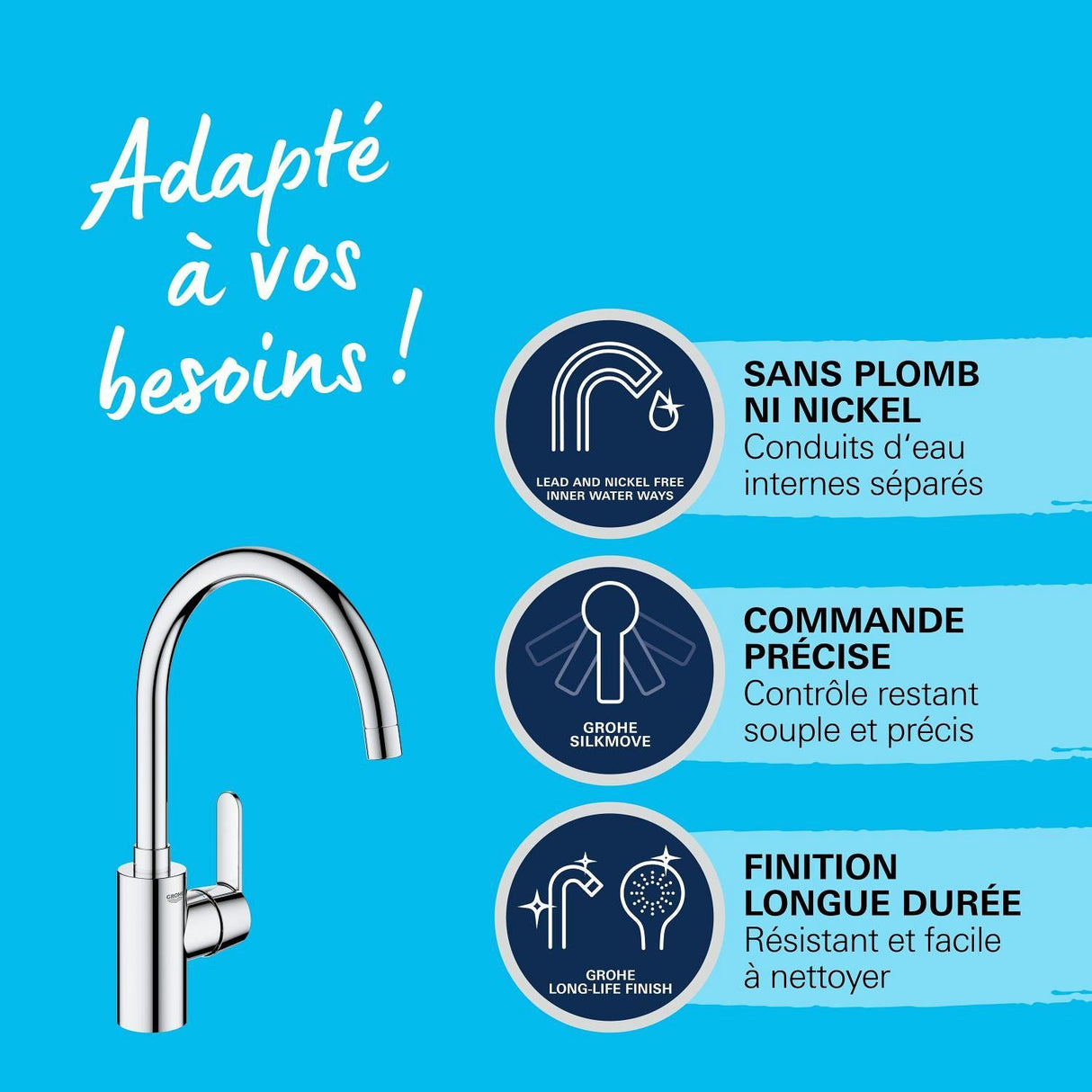 Mitigeur de cuisine - GROHE Get - Chromé - Bec en C - Bec Haut - Rotation 150°