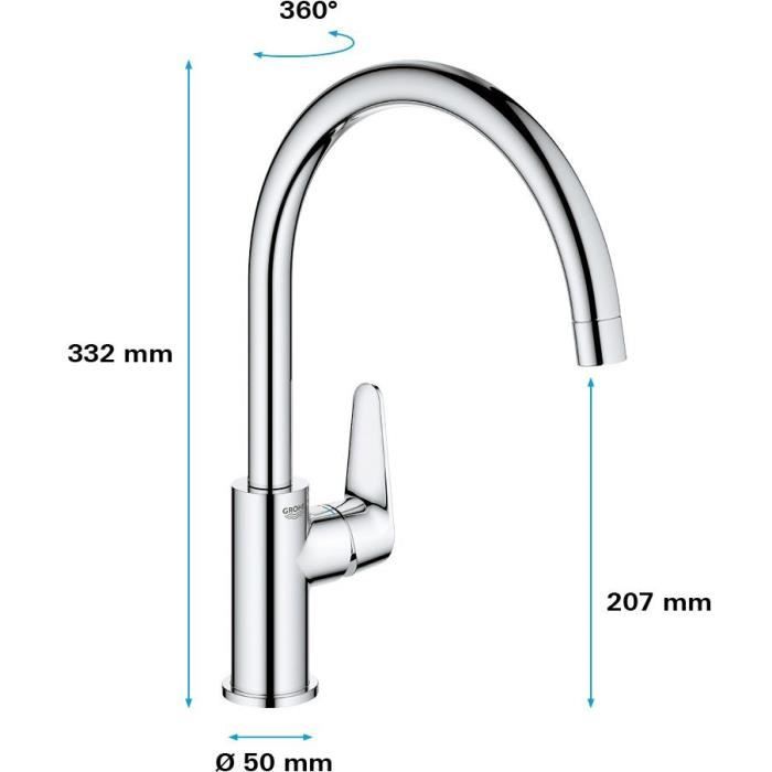 Mitigeur monocommande Evier - GROHE - 31554001 - Col de cygne - Chromé - Métal - Gris