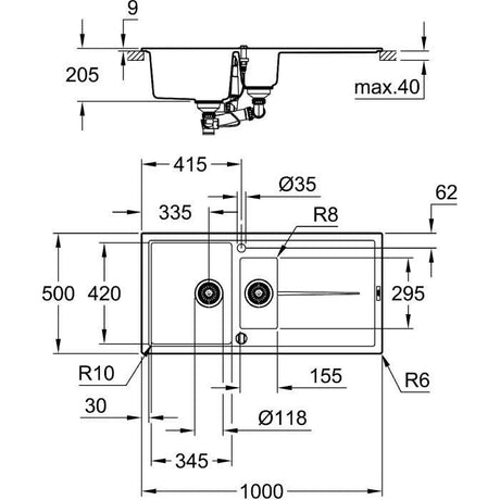 GROHE Evier composite avec égouttoir K400 1000 x 500 mm Gris granite 31642AT0