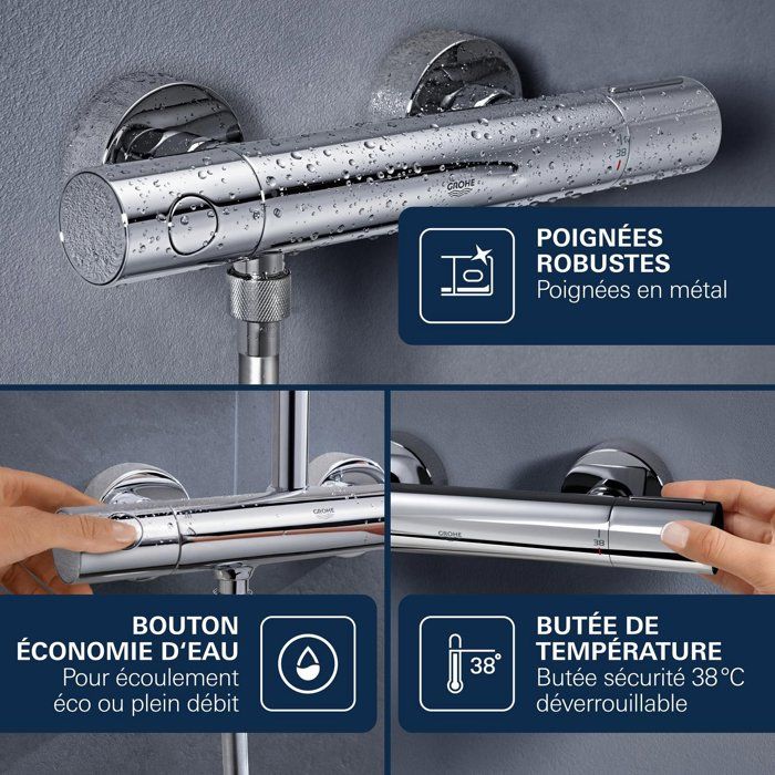 Mitigeur thermostatique bain douche GROHE Precision Get - Montage mural - Chromé