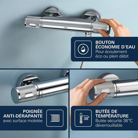 GROHE Mitigeur thermostatique douche Precision Feel, montage mural, indicateur de température, filtres intégrés, chromé, 34788000