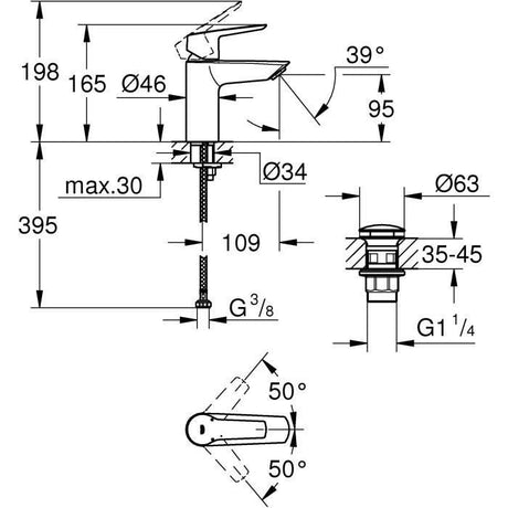Mitigeur monocommande Lavabo GROHE Start - Taille S - limiteur de température - économie d'eau - 23550002