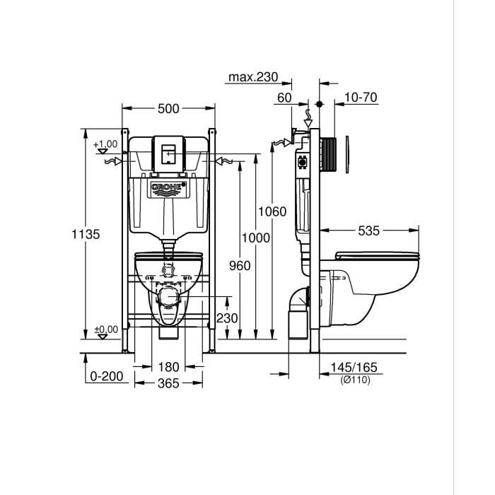 Pack Bâti support 5 en 1 - GROHE - Blanc - 1.13 m - Céramique - Cuvette + abattant + plaque de commande + supports muraux