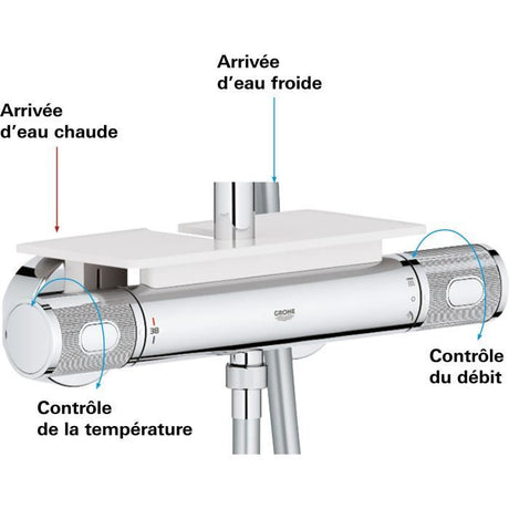 GROHE Colonne de douche mitigeur thermostatique Vitalio Joy 260, tete de douche 260mm, douchette 3 jets, chromé, 26403002