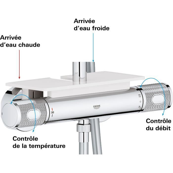 GROHE Colonne de douche mitigeur thermostatique Vitalio Joy 260, tete de douche 260mm, douchette 3 jets, chromé, 26403002