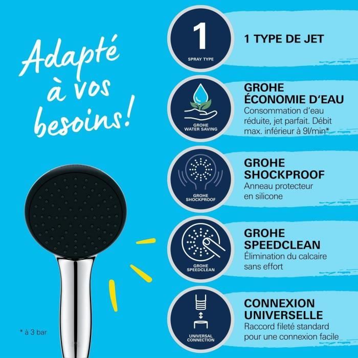 Pommeau de douche - GROHE Vitalio Start 110 27940001 - 1 jet Pluie - Economie d'eau - Procédé anti-calcaire - Chromé
