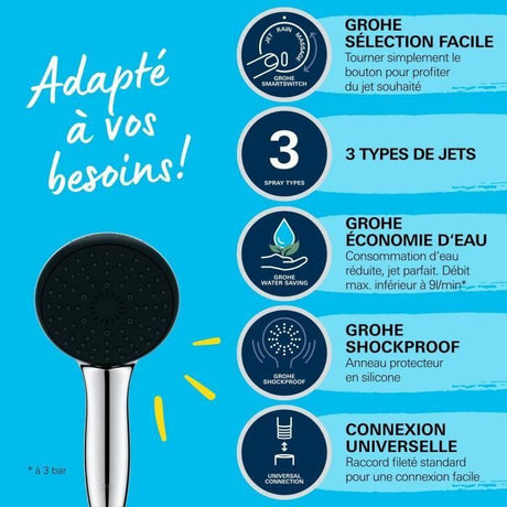 Pommeau de douche - GROHE Vitalio Start 110 26031001 - 3 jets (Pluie/Stimulant/Massage) - Sélection facile - Economie d'eau -Chromé