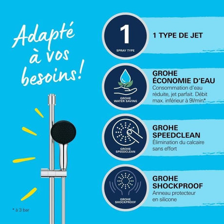 Ensemble de douche avec pommeau 1 jet, barre 60cm et flexible 1,75m - GROHE Vitalio Start 110 27942001 - Economie d'eau - Chromé