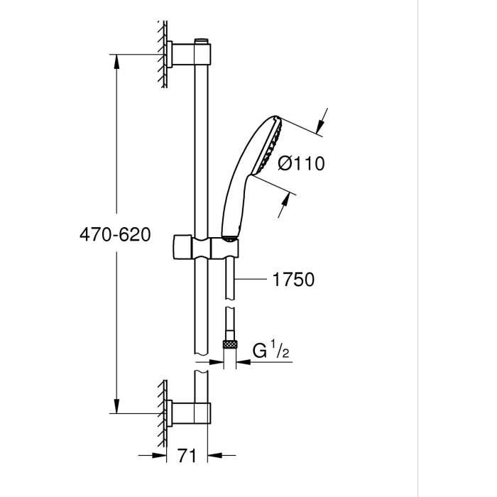 Ensemble de douche avec pommeau 1 jet, barre 60cm et flexible 1,75m - GROHE Vitalio Start 110 27942001 - Economie d'eau - Chromé