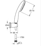Ensemble de douche avec pommeau 1 jet Pluie, support et flexible 1,75m - GROHE Vitalio Start 110 27944001 - Economie d'eau