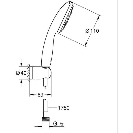 Ensemble de douche avec pommeau 1 jet Pluie, support et flexible 1,75m - GROHE Vitalio Start 110 27944001 - Economie d'eau