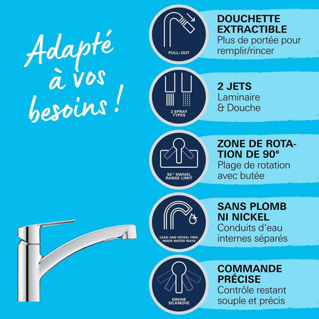 GROHE QUICKFIX Start Robinet de cuisine évier, douchette extractible, inverseur 2 jets, rotation 90°, 30531001