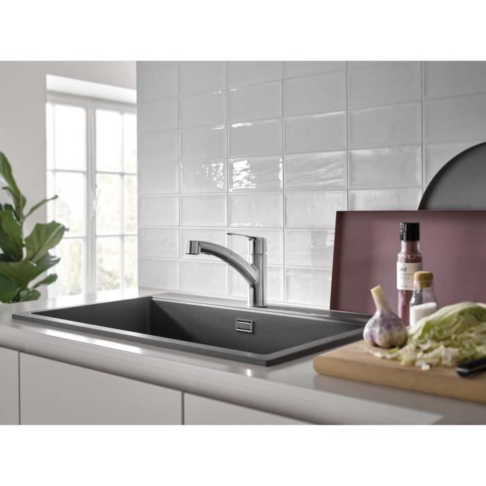 Robinet de cuisine - Supersteel - Mitigeur moncommande évier - Douchette extractible - Bec bas pivotant 90° - GROHE Start -