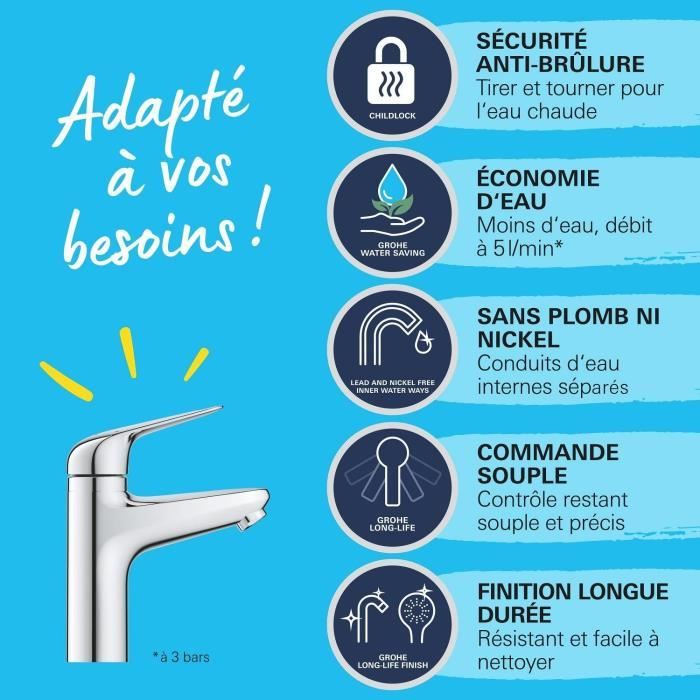 Mitigeur monocommande - GROHE - 24327001 - Lavabo Swift - Avec sécurité enfant - Taille M