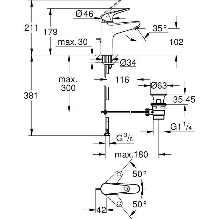 Mitigeur monocommande lavabo - GROHE Swift - 24328001 - Chromé - Taille M - Ouverture Eau Froide - Economie d'eau -Tirette et vidage