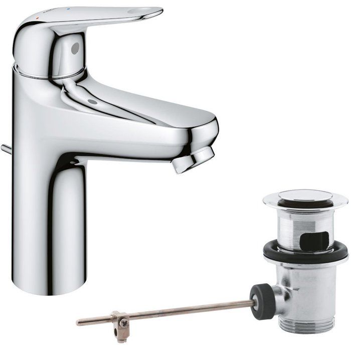 Mitigeur monocommande lavabo - GROHE Swift - 24328001 - Chromé - Taille M - Ouverture Eau Froide - Economie d'eau -Tirette et vidage
