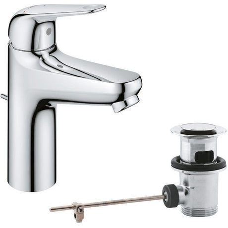 Mitigeur monocommande lavabo - GROHE Swift - 24328001 - Chromé - Taille M - Ouverture Eau Froide - Economie d'eau -Tirette et vidage