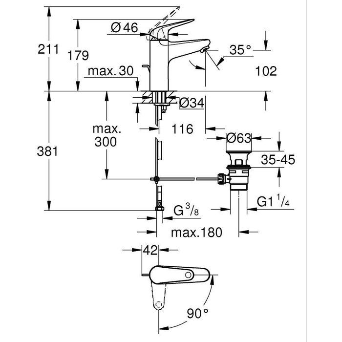 Mitigeur monocommande lavabo - GROHE Swift - 24328001 - Chromé - Taille M - Ouverture Eau Froide - Economie d'eau -Tirette et vidage