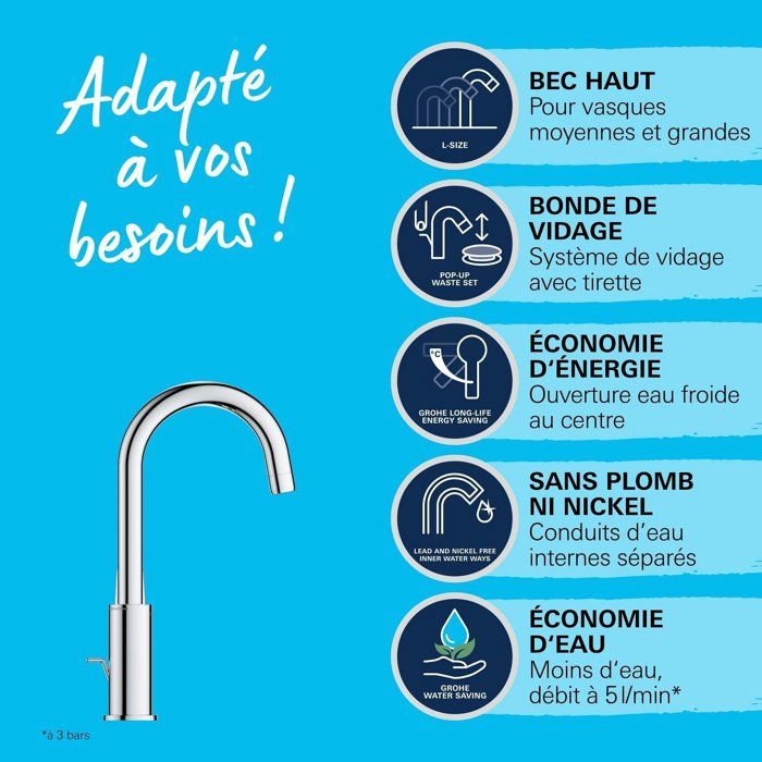 Mitigeur monocommande lavabo - GROHE Swift - 24330001 - Chromé - Taille L - Bec haut - Economie d'eau