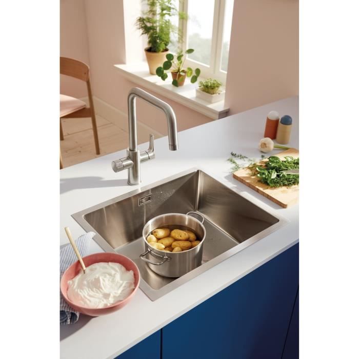 Robinet filtrant de cuisine - Supersteel - Filtration de l'eau - Bec haut en U - Rotation 150° - GROHE Blue Pure Start - 30595DC0