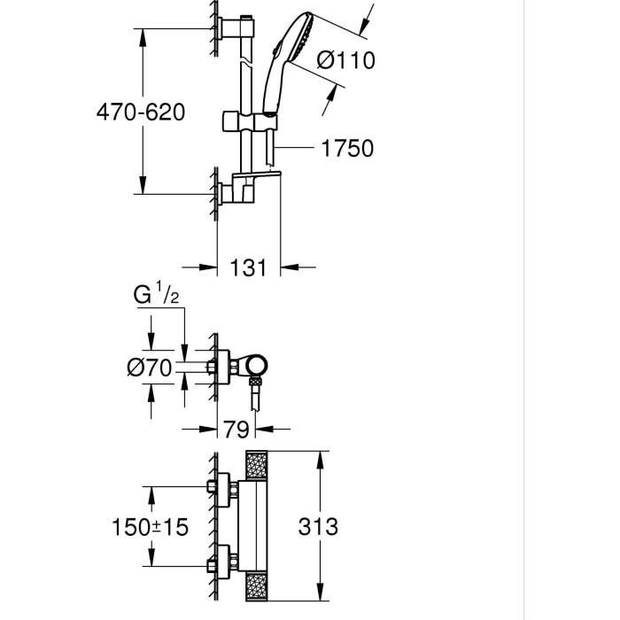 Ensemble de douche avec mitigeur thermostatique, pommeau 3 jets, barre 60cm et flexible - GROHE 34791001 - Economie d'eau - Chromé