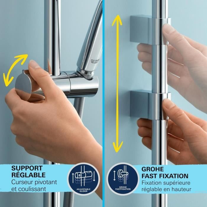Ensemble de douche avec mitigeur thermostatique, pommeau 3 jets, barre 60cm et flexible - GROHE 34791001 - Economie d'eau - Chromé