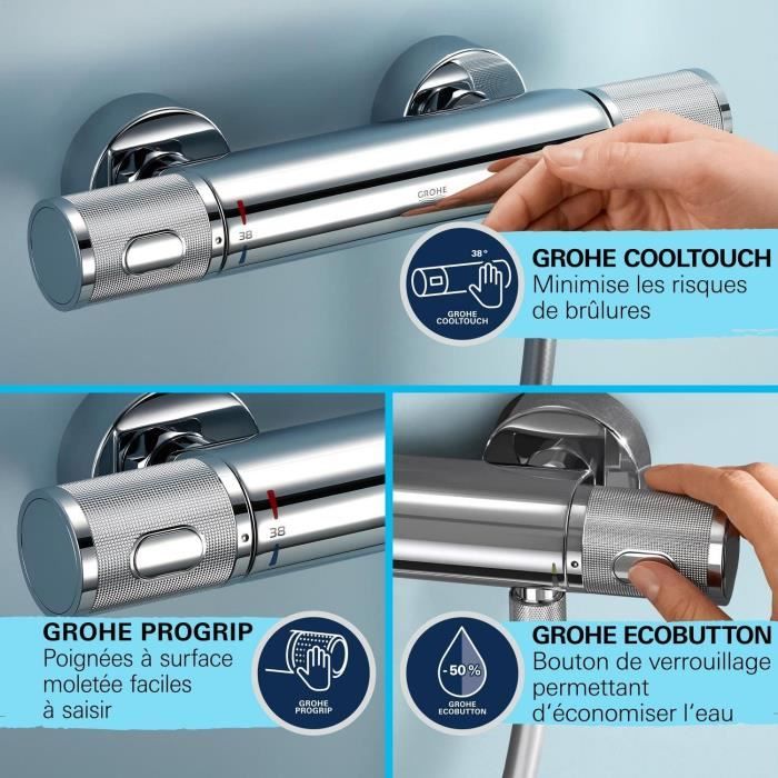 Ensemble de douche avec mitigeur thermostatique, pommeau 3 jets, barre 60cm et flexible - GROHE 34791001 - Economie d'eau - Chromé