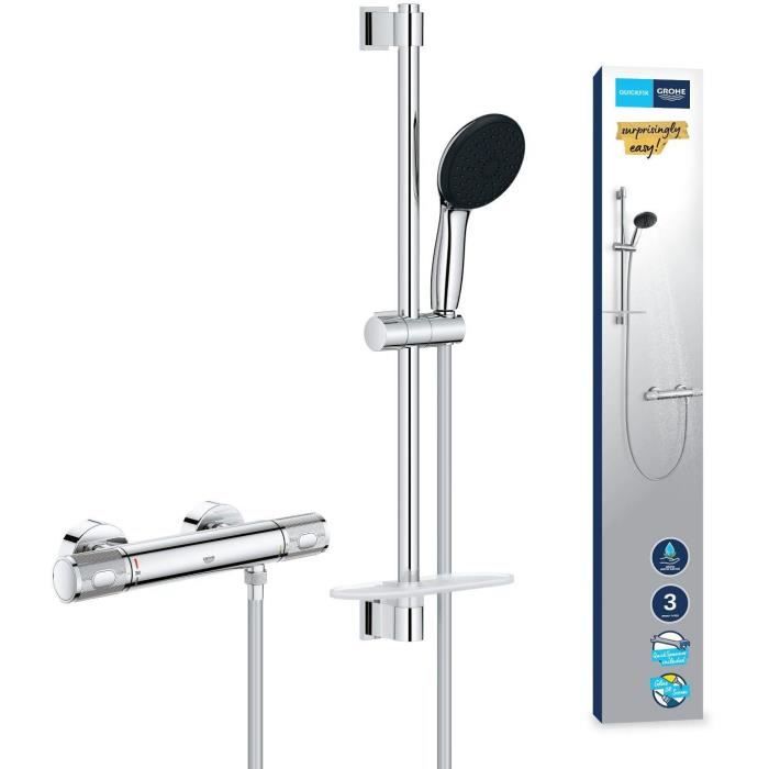 Ensemble de douche avec mitigeur thermostatique, pommeau 3 jets, barre 60cm et flexible - GROHE 34791001 - Economie d'eau - Chromé