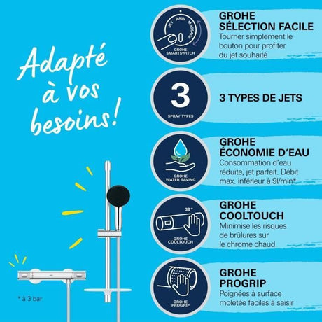 Ensemble de douche avec mitigeur thermostatique, pommeau 3 jets, barre 60cm et flexible - GROHE 34791001 - Economie d'eau - Chromé