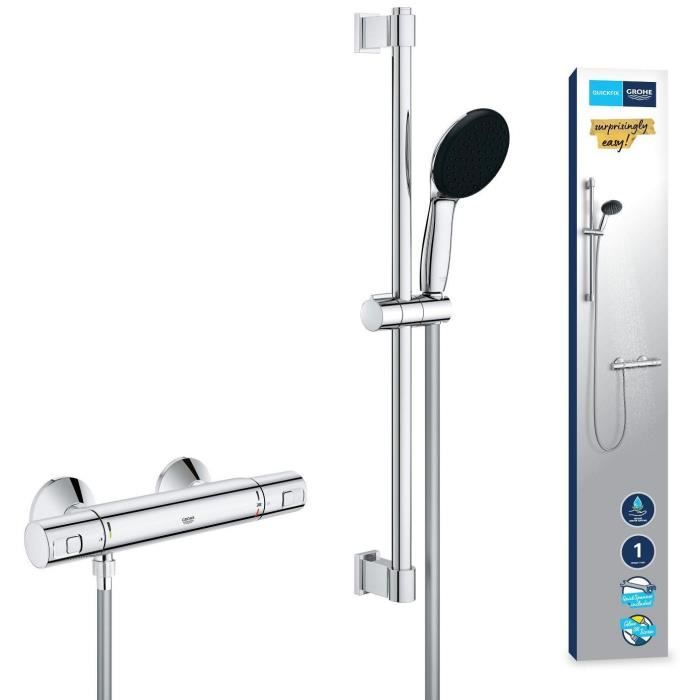 Ensemble de douche avec mitigeur thermostatique, pommeau 1 jet, barre 60cm et flexible - GROHE 34597001 - Economie d'eau - Chromé