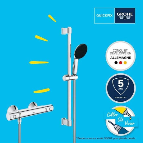 Ensemble de douche avec mitigeur thermostatique, pommeau 1 jet, barre 60cm et flexible - GROHE 34597001 - Economie d'eau - Chromé