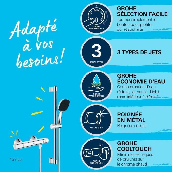 Ensemble de douche avec mitigeur thermostatique, pommeau 3 jets, barre 60cm et flexible - GROHE 34237003 - Economie d'eau - Chromé