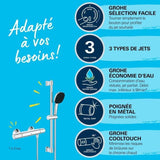 Ensemble de douche avec mitigeur thermostatique, pommeau 3 jets, barre 60cm et flexible - GROHE 34237003 - Economie d'eau - Chromé