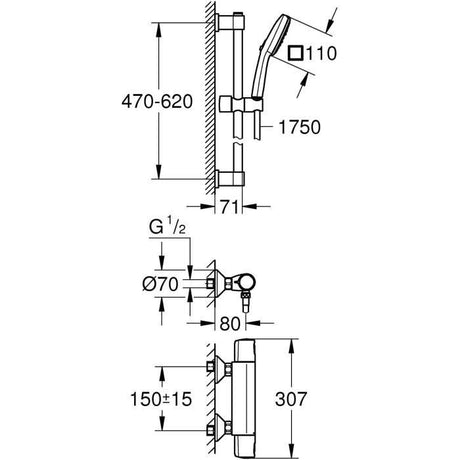 Ensemble de douche avec mitigeur thermostatique, pommeau 3 jets, barre 60cm et flexible - GROHE 34237003 - Economie d'eau - Chromé