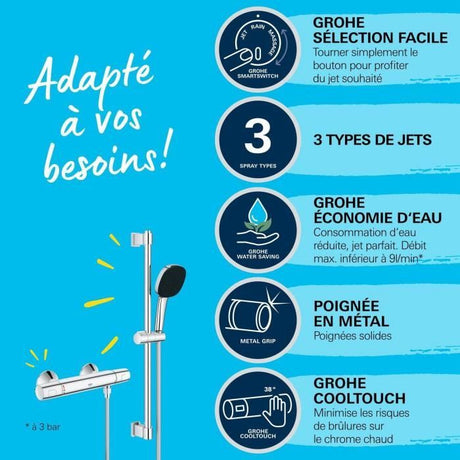 Ensemble de douche avec mitigeur thermostatique, pommeau 3 jets, barre 60cm et flexible - GROHE 34237003 - Economie d'eau - Chromé