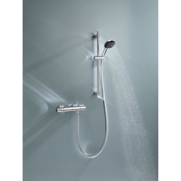 Ensemble de douche avec mitigeur thermostatique, pommeau 3 jets, barre 60cm et flexible - GROHE 34237003 - Economie d'eau - Chromé