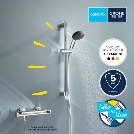 Ensemble de douche avec mitigeur thermostatique, pommeau 1 jet, barre 60cm et flexible - GROHE 34800001 - Economie d'eau - Chromé
