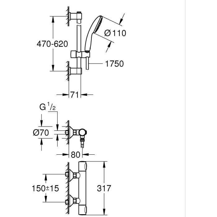Ensemble de douche avec mitigeur thermostatique, pommeau 1 jet, barre 60cm et flexible - GROHE 34800001 - Economie d'eau - Chromé