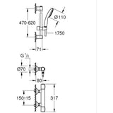 Ensemble de douche avec mitigeur thermostatique, pommeau 1 jet, barre 60cm et flexible - GROHE 34800001 - Economie d'eau - Chromé