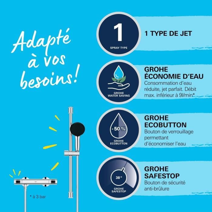 Ensemble de douche avec mitigeur thermostatique, pommeau 1 jet, barre 60cm et flexible - GROHE 34800001 - Economie d'eau - Chromé