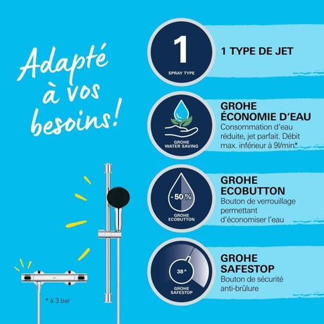 Ensemble de douche avec mitigeur thermostatique, pommeau 1 jet, barre 60cm et flexible - GROHE 34800001 - Economie d'eau - Chromé
