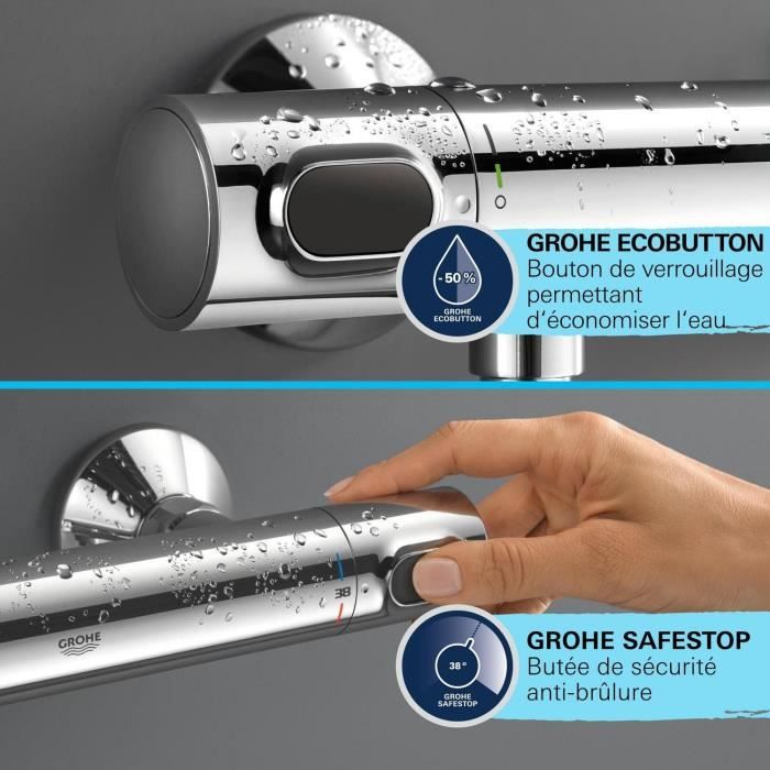 Ensemble de douche avec mitigeur thermostatique, pommeau 1 jet, barre 60cm et flexible - GROHE 34800001 - Economie d'eau - Chromé