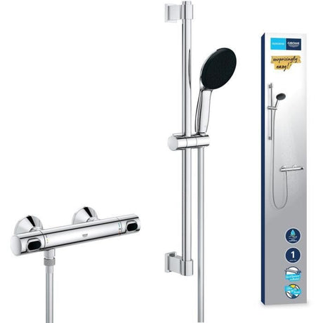 Ensemble de douche avec mitigeur thermostatique, pommeau 1 jet, barre 60cm et flexible - GROHE 34800001 - Economie d'eau - Chromé