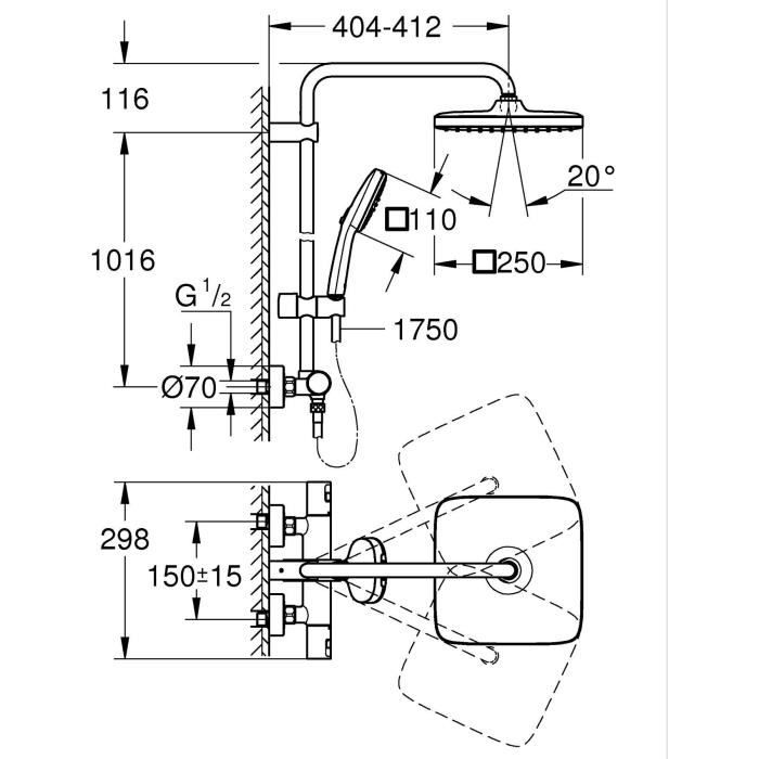 Colonne de douche avec mitigeur thermostatique - Economie d'eau - GROHE Vitalio Comfort 250 - Chromé - 26696001