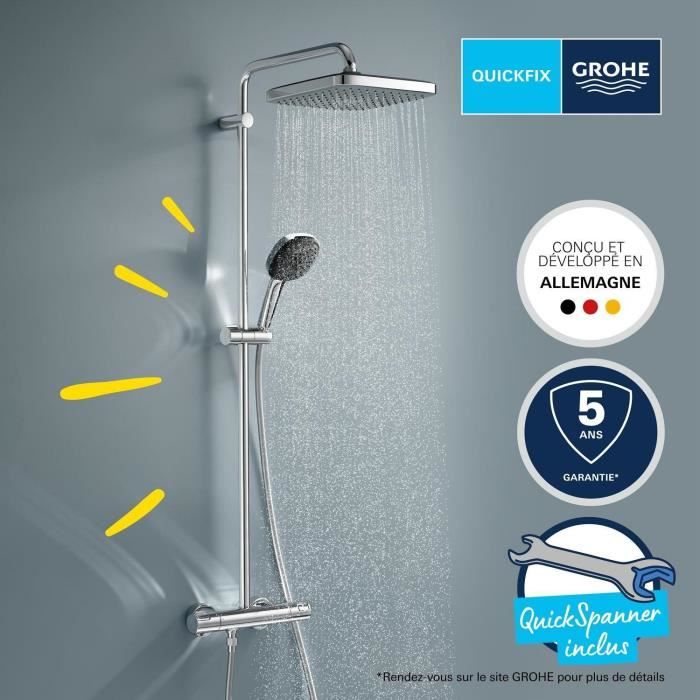 Colonne de douche avec mitigeur thermostatique - Economie d'eau - GROHE Vitalio Comfort 250 - Chromé - 26696001