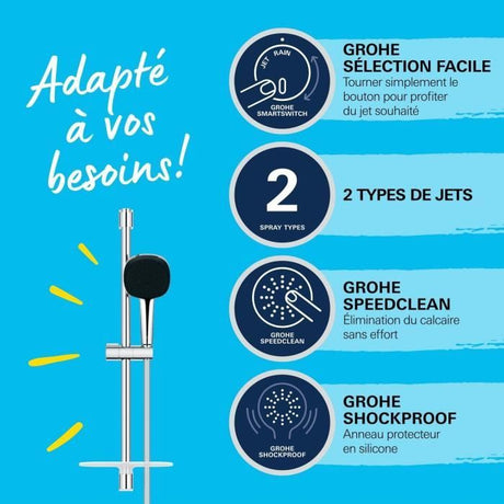 Ensemble de douche avec pommeau 2 jets, barre, flexible et tablette - GROHE Vitalio Comfort 110 26929001 - Economie d'eau - Chromé